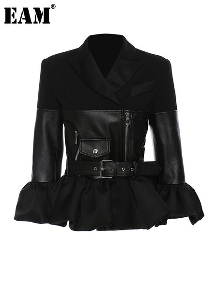 

women's jackets eam loose black leather sashes zippers ruffkes hem jacket lapel long sleeve women coat fashion spring autumn 1de6070 22, Black;brown