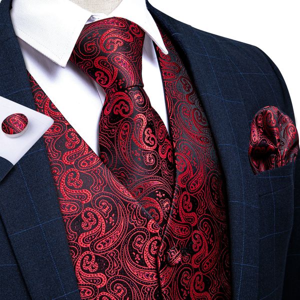 

mens vests luxury red paisley 100% silk formal dress neck tie set wedding party sleeveless business jacket dibangu 221117, Black;white