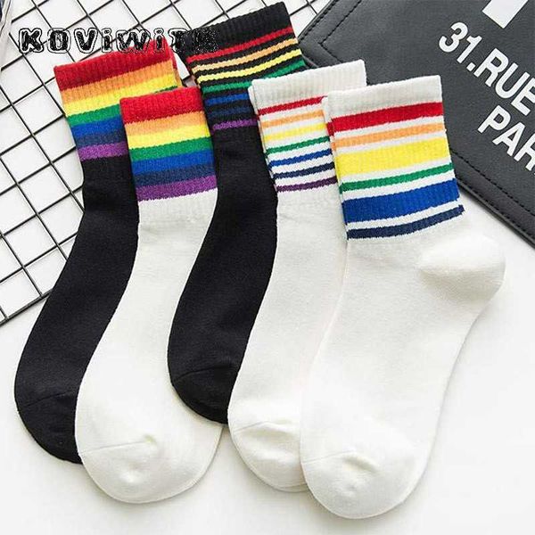 

socks hosiery winter rainbow striped cotton socks for women black/white sport girls college style sock trendy wild harajuku funny art warm s