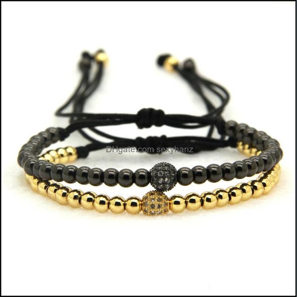 

charm bracelets wholesale 4mm real gold rose platinum black round beads with clear zircons cz braiding rame bracelet drop delivery j dhbxe, Golden;silver