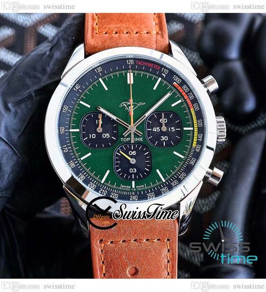 

time ford mustang quartz chronograph mens watch a253101a1l1x1 steel case green dial stick markers black leather strap satch, Slivery;golden