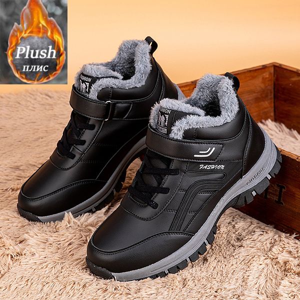 

boots super warm men boots winter snow waterproof leather sneakers women outdoor hiking ankle work shoes 221117, Black