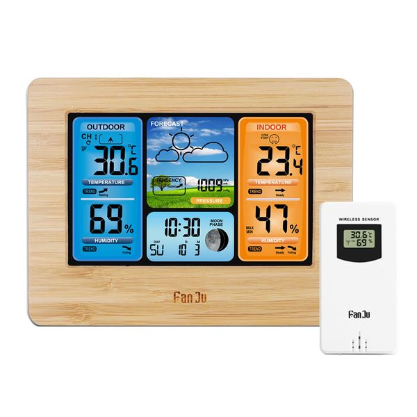 

fanju fj3373 weather station wall clock digital temperature humidity barometer forecast backlight snooze alarm wireless sensor