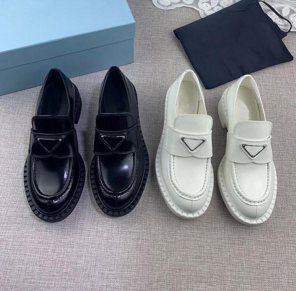 

designer women heel shoes loafers black shiny genuine leather p triangle sign classics women's wedding shoes round toe matte slippers w