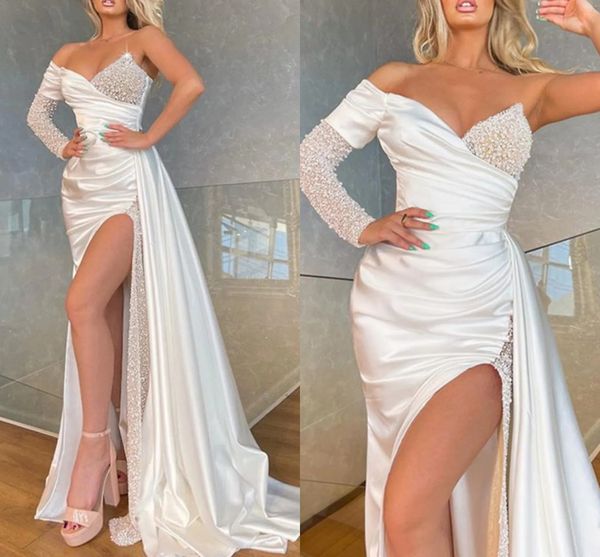 

ivory mermaid evening party dress 2023 long sleeve one shoulder beads sequin prom formal goowns robe de soiree vestidos fiesta, Black;red