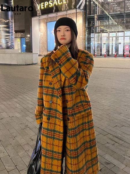 

women's blends lautaro autumn long loose retro colorful plaid trench for double breasted luxury designer, Black