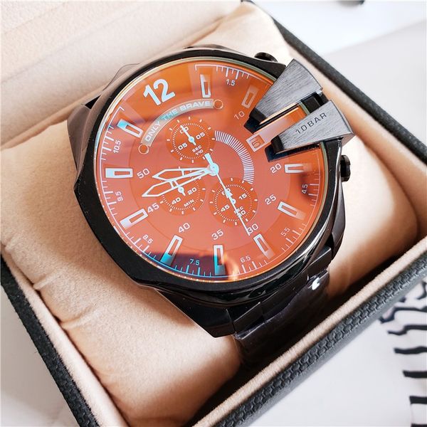 

men's sports quartz watch dz4318 laser colorful glass three eye six pin 57mm large steel dial waterproof iced out watch, Slivery;brown