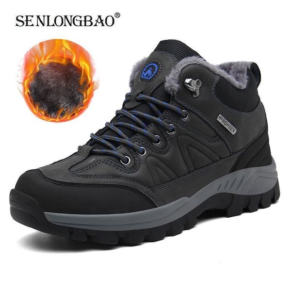 

boots brand winter men's warm snow leather waterproof sneakers outdoor hiking work shoes 221117, Black