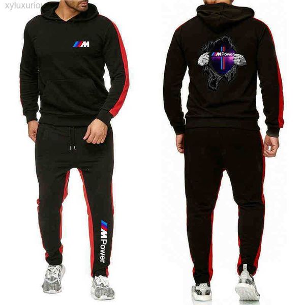 

2021new bmw hoodie brand sweatpants male cotton trousers m power customize pullover suit clothes man 2 piece set, Black;brown