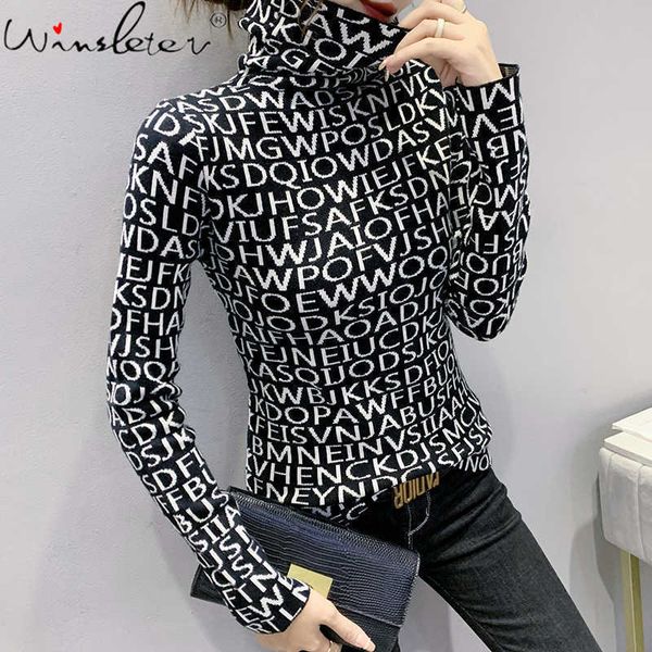 

women's sweaters madblack fall winter knit turtleneck sweater korean style women fashion jacquard weave letters long sleeve elastic t1, White;black