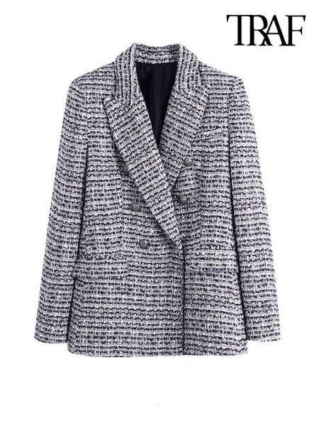 

womens suits blazers traf women fashion tweed double breasted blazer coat vintage long sleeve flap pockets female outerwear chic veste femme, White;black