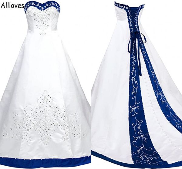 

royal blue and white a line wedding dresses retro country cowgirl sweetheart satin embroidery lace beads bridal gowns corset back plus size