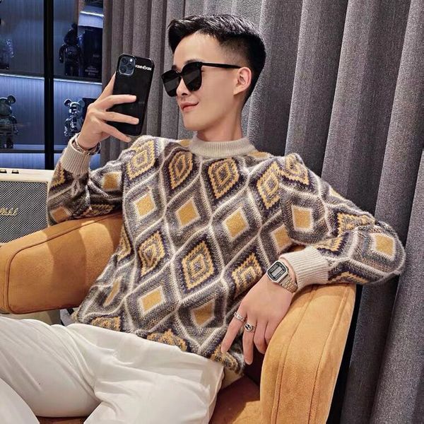 

men's sweaters fashion oneck knitted spliced printed korean sweater men's clothing autumn oversized casual pullovers loose warm 2, White;black