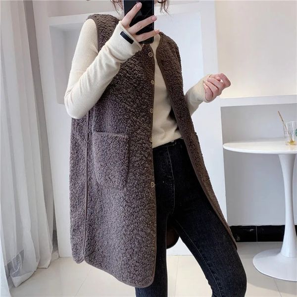 

Long vest women's autumn and winter mid-length imitation lamb wool horse clip fashion new foreign style versatile women's coat, White