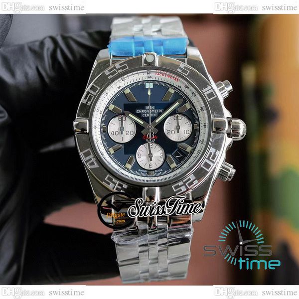 

chronomat miyota quartz chronograph mens watch blue dial white subdial stick markers stainless steel bracelet satch swisstime c139b2, Slivery;brown