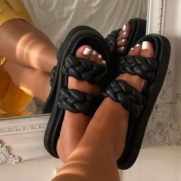 

platform wedges outdoor slides sandals ladies shoes women leather weave slippers thick sole black beach casual summer