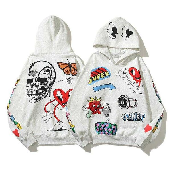 

men's hoodies sweatshirts harajuku eu retro red heart skull graffiti pullover fleece mens loose streetwear oversized couple hooded hood, Black