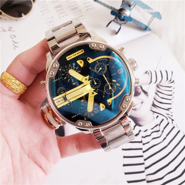 

sports quartz men's watch dz 7313 waterproof steel band folding buckle 57mm large dial all hands can operate iced out watch, Slivery;brown