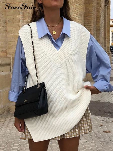 

women's vests forefair v neck sleeve white knitted autumn winter women sweater casual loose outwear solid preppy style 221117, Black;white