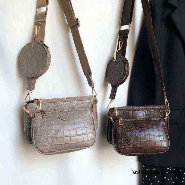

vintage crocodile women shoulder luxury designer wide strap crossbody chain sling pu leather ladies 3 bag set wallet 2022