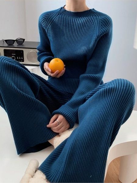 

womens two piece pants set pullover sweater knit tracksuit women high waist wide leg straight suit harajuku spring autumn clothes 221117, White