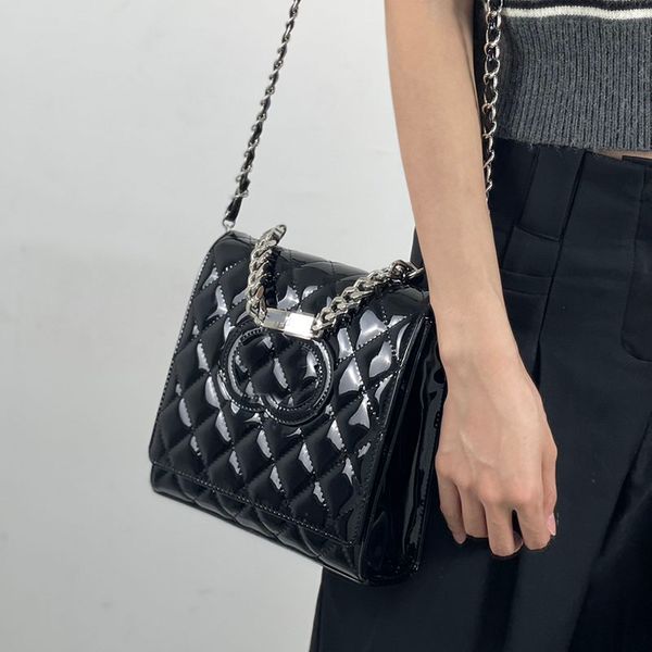 

deigner womens cross body patent leather bags classic mini vintage bracelet handle totes aged silver metal hardware matelasse chain shoulder
