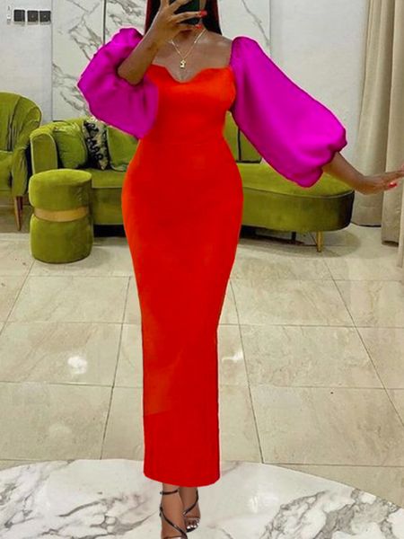 

casual dresses birthday dress women long bodycon party big lantern sleeves patchwork christmas night elegant event african evening home comi, Black;gray
