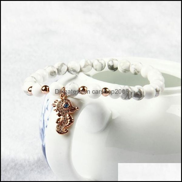 

charm bracelets wholesale ocean jewelry clear cz sea horse charm with 6mm natural white howlite marble stone beads animal bracelet d dhd9s, Golden;silver