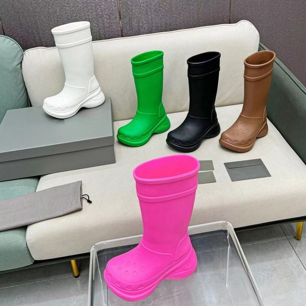 

Rain boots classic luxury fashion boots antiskid 6cm chunky heel knee boots designer women round toe half boots foam winter platform shoe waterproof thigh-high boots, Brown