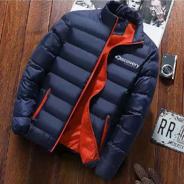 

mens down parkas discovery channel warm parka jackets winter casual men outwear coats solid stand collar male windbreak cotton padded jacket, Black