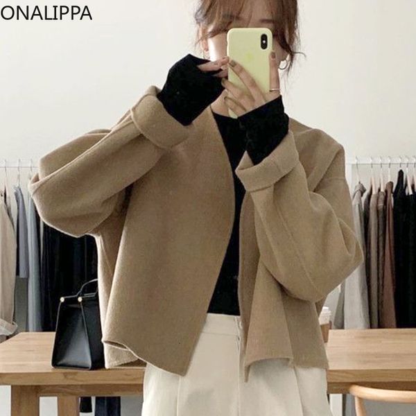 

women's jackets onalippa women coats autumn winter retro elegant temperament v-neck loose wild puff sleeve double-sided woolen short co, Black;brown