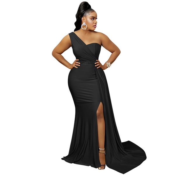 

women party dresses sleeveless bodycon elegant one shoulder high waist split cutout long evening maxi dress, White;black