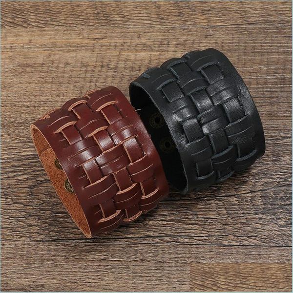 

bangle motorcycle wide weave cross leather bangle cuff mtilayer wrap button adjustable bracelet wristand for men women fashion jewel dhyxi, Black