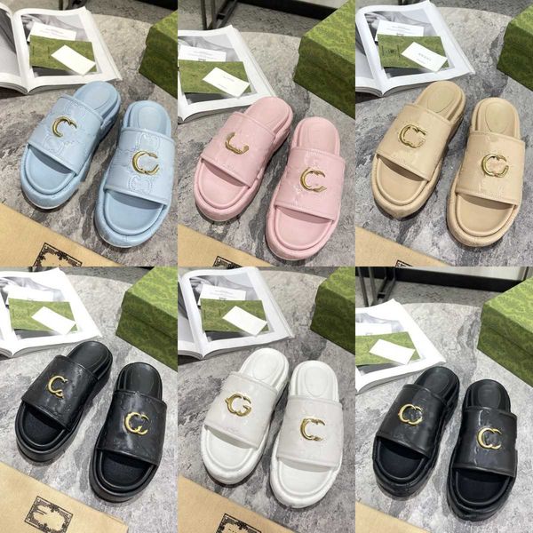 

mid-heel platform slide sandals designer slipper fashion 5cm slides double g beige blue grey mouse printed canvas luxury summer men women be, Black