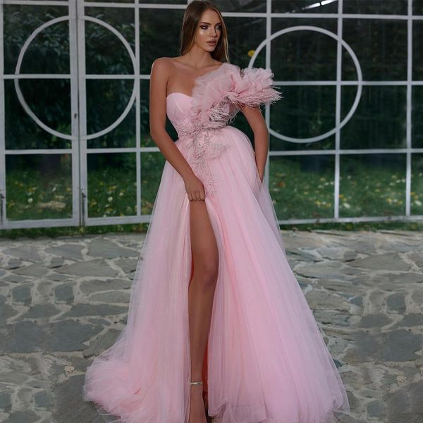 

pink side split prom dresses feathers pleated evening gowns a line one shoulder neck sweep train tulle special occasion formal wear, Black