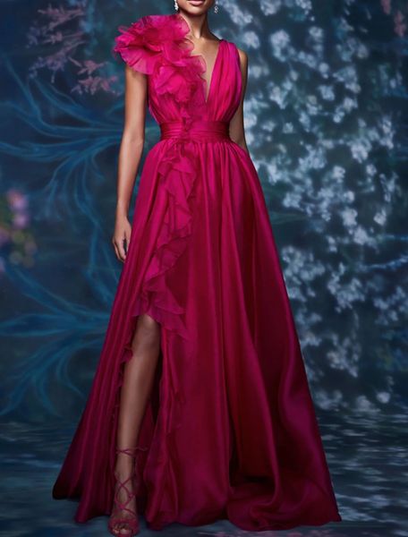 

fushcia evening dress celebrity style 2023 floor length sleeveless v neck chiffon slit prom formal goowns ruffles robe de soiree vestidos fi, Black;red