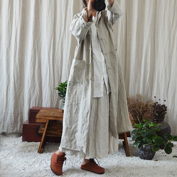 

women's wool blends johnature women vintage cotton linen trench solid color button autumn stand long sleeve pockets female coats 221117, Black