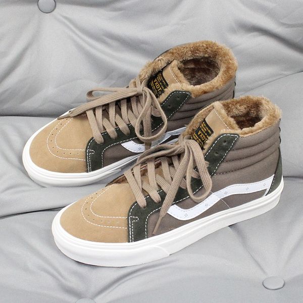 

winter men casual high canvas shoes thick warm fur lining shoes lace up flat canvas footwear women joggers sneakers khaki size 35-48, Black