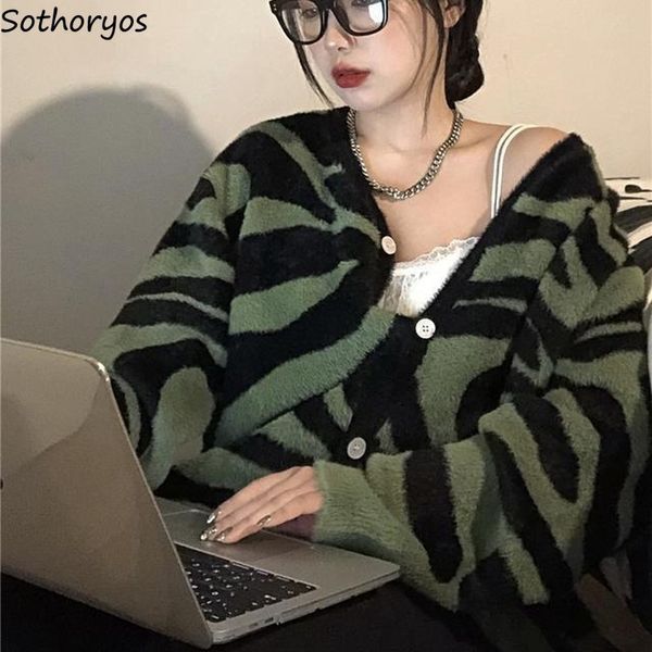 

women's knits tees women cardigan zebra pattern v-neck loose casual all-match single breasted knitted sweater korean style ulzzang autu, White