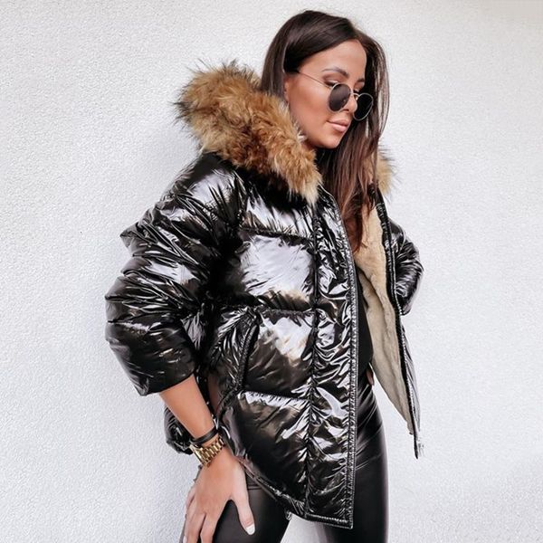 

women's down parkas winter luxury shiny pu loose jacket women fur collar hooded parkas female velvet thick warm down cotton coats overs, Black