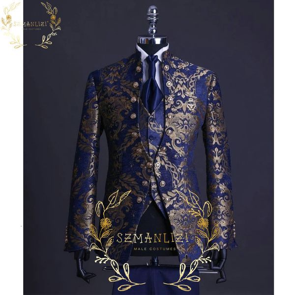 

mens suits blazers handsome blue gold floral rim stage men suit set stand collar wedding formal groom tuxedo costume jacketpantsvest 221117, White;black