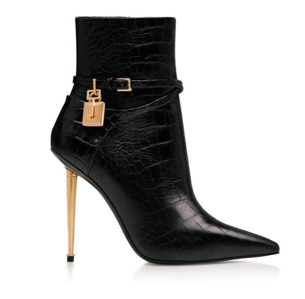 

luxury tom-fords-boots women ankle boots thin heel brand designer woman belt boot padlock and gold heeled pointy toe dress wedding party gif, Black