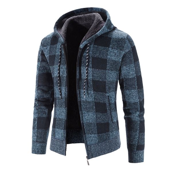 

men's sweaters men's winter sweater coat men's casual slim plaid print fleece thicken warm hooded sweater cardigan chenille o, White;black