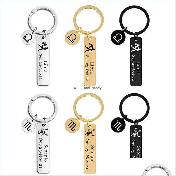 

key rings stainless steel 12 star sign horoscope keychain gold bar gemini taurus virgo month key ring bag hangs fashion jewelry drop dhrx7, Slivery;golden