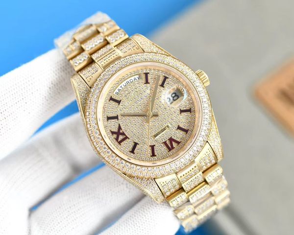 

watch paved diamonds mens women watch 41mm 18k yellow gold diamond 904l automatic mechanical super edition eternity jewelry watches dateday, Slivery;brown