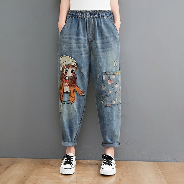 

women's jeans 6537 cartoon litter girl embroidery denim pants for women trendy hole casual high waist breeches pockets mom harem blue 2