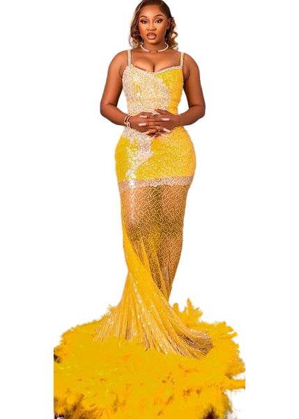 

aso ebi 2022 arabic yellow mermaid prom dresses beaded crystals feather evening formal party second reception birthday engagement gowns dres, Black