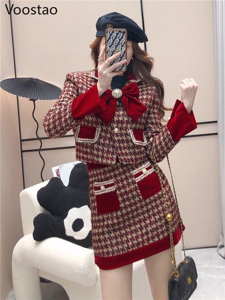 

womens knits tees autumn winter elegant tweed plaid skirt sets women sweet chic pearl bow woolen jackets mini skirts suit korean female outf, White