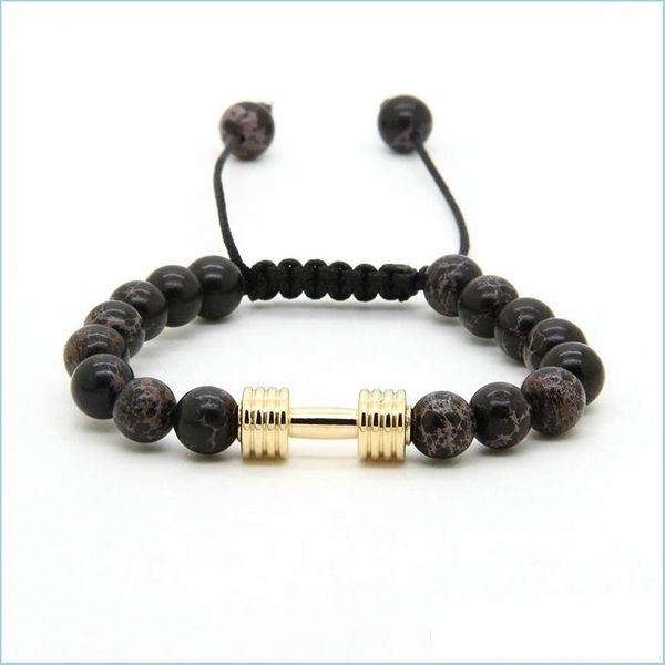 

charm bracelets sport bracelets wholesale 8mm black sea sent stone beads with metal new barbell fitness dumbbell for men drop delive dhzde, Golden;silver