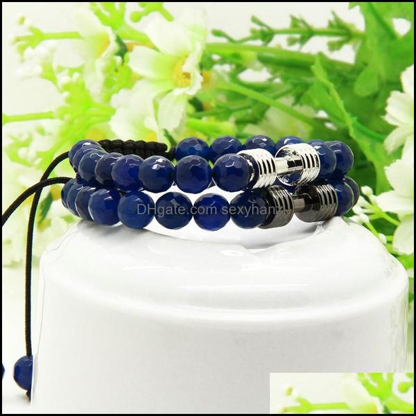 

charm bracelets sport energy dumbell bracelets wholesale 8mm faceted blue agate stone beads barbell fitness rame for men drop delive dhz1e, Golden;silver